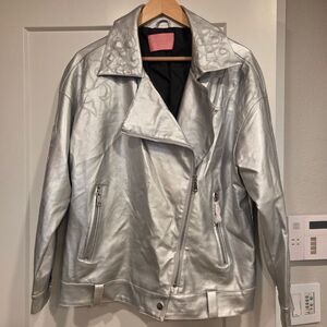 Azalba Wang  Silver Women's Faux Leather Prince Moto Western Jacket Oversized S